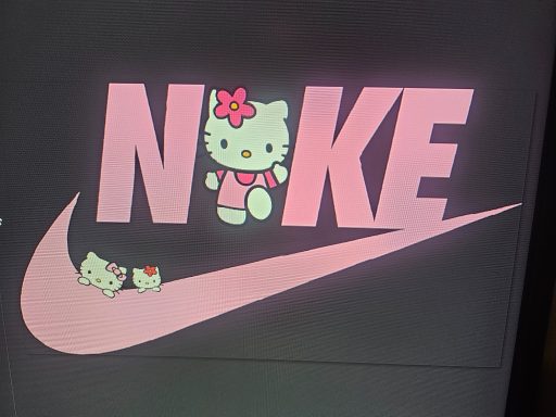 Hello Kitty alongside the Nike logo, featuring pink colors and playful design elements.